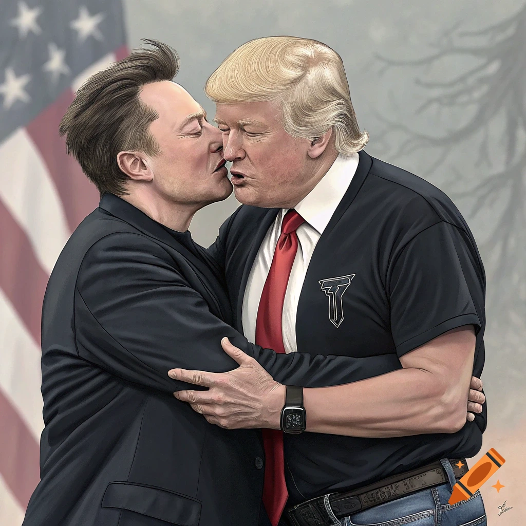 Digital painting of Donald Trump and Elon Musk kissing with an American flag in the background.