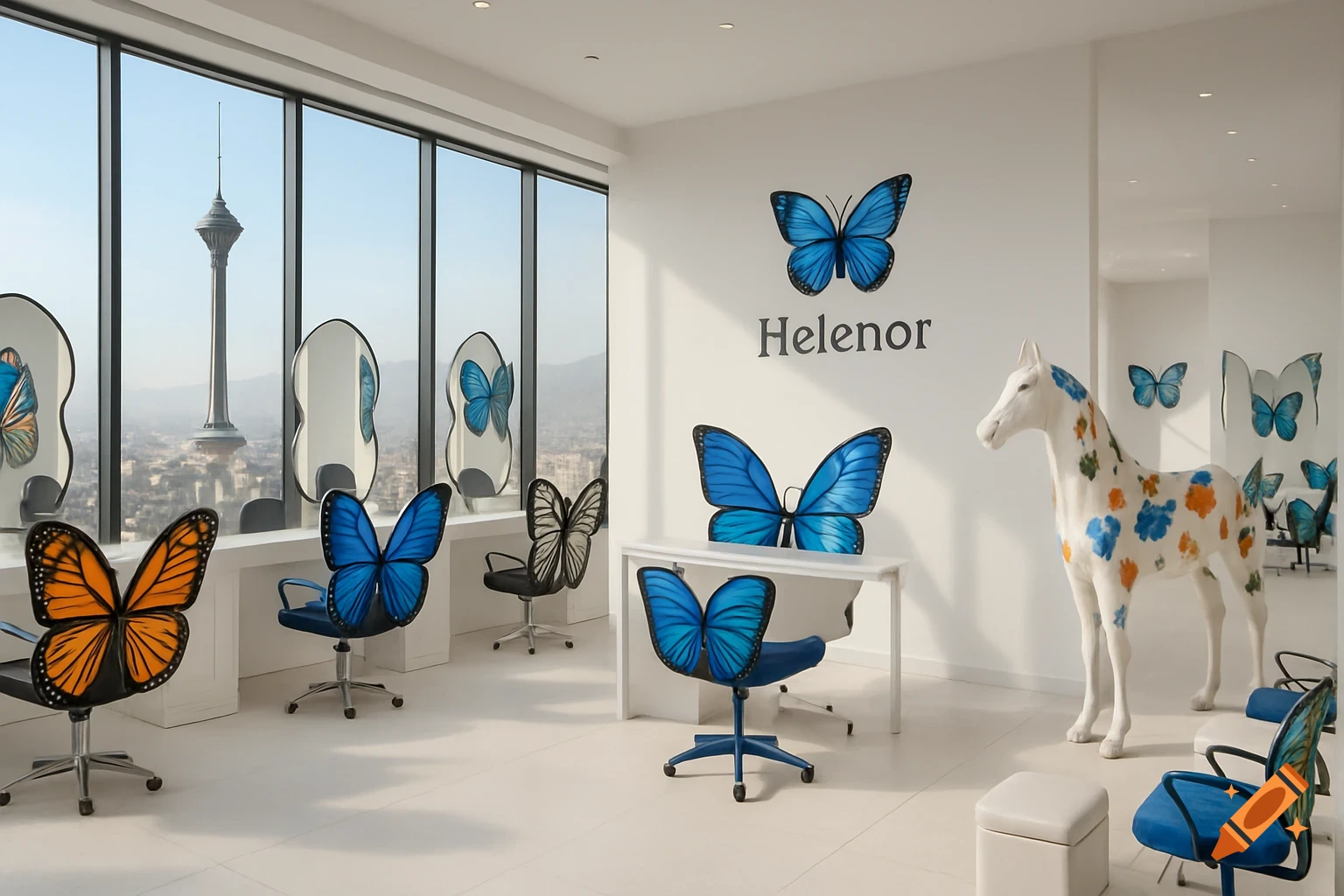 A luxurious beauty salon with butterfly-wing chairs and mirrors, a white horse statue, and Milad Tower visible outside.