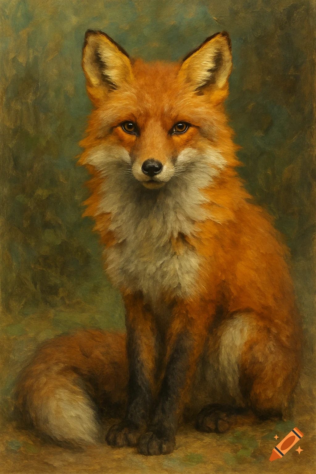 A detailed portrait painting of a red fox sitting against a dark, textured background.