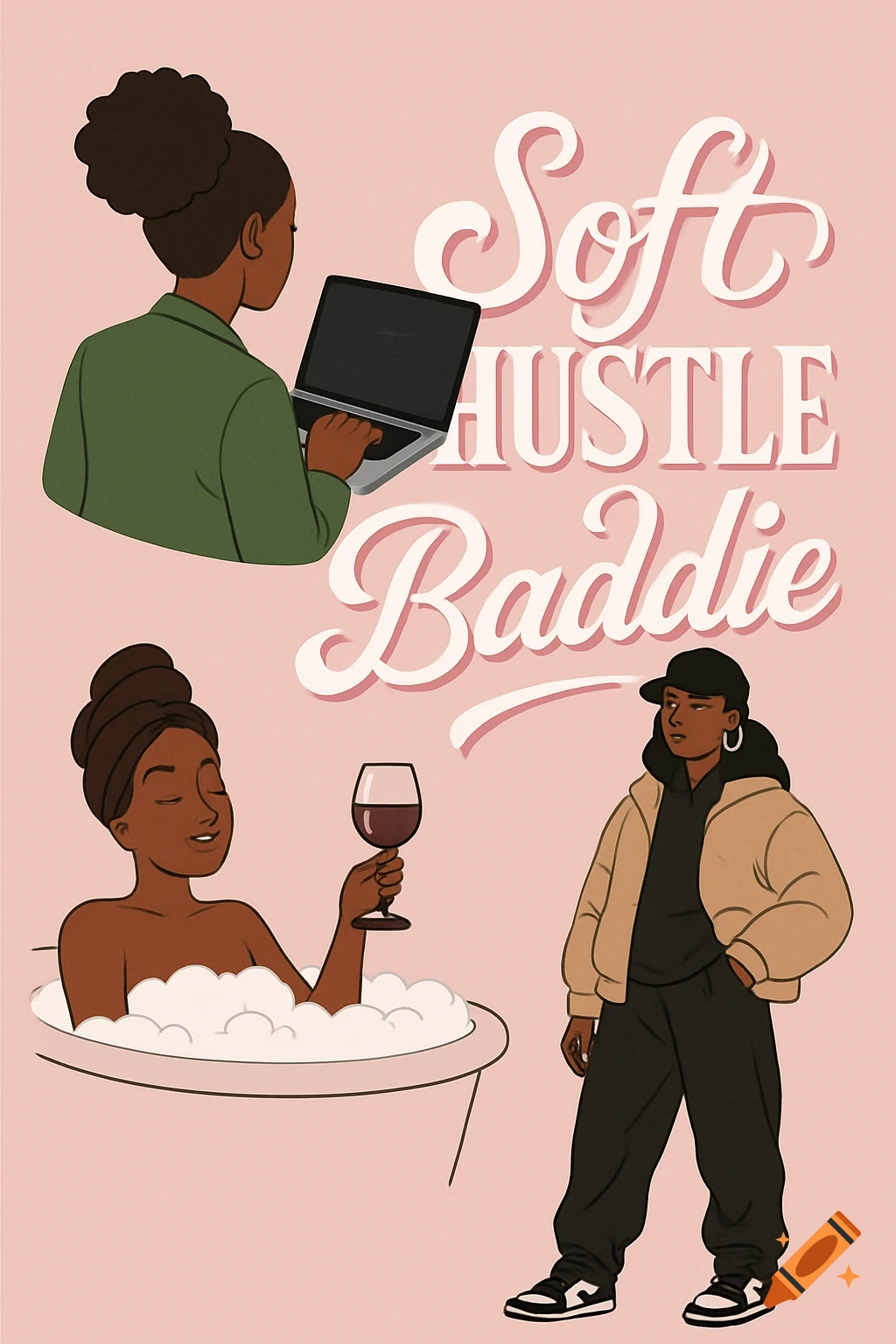 Illustration of three Black women depicting a 'Soft Hustle Baddie' lifestyle: working on a laptop, relaxing in a bath with wine, and in streetwear.