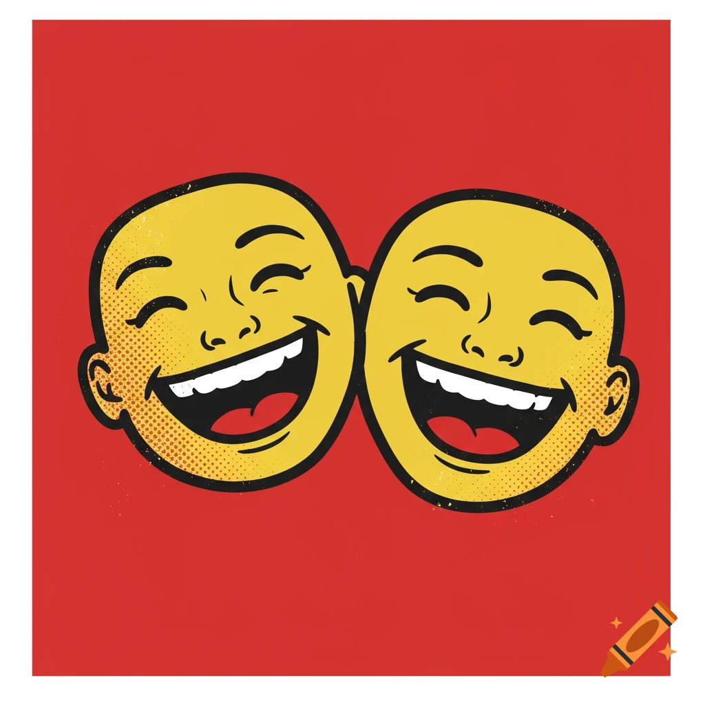 Two yellow cartoon faces with wide smiles and closed eyes, styled like a screen print on a red background.