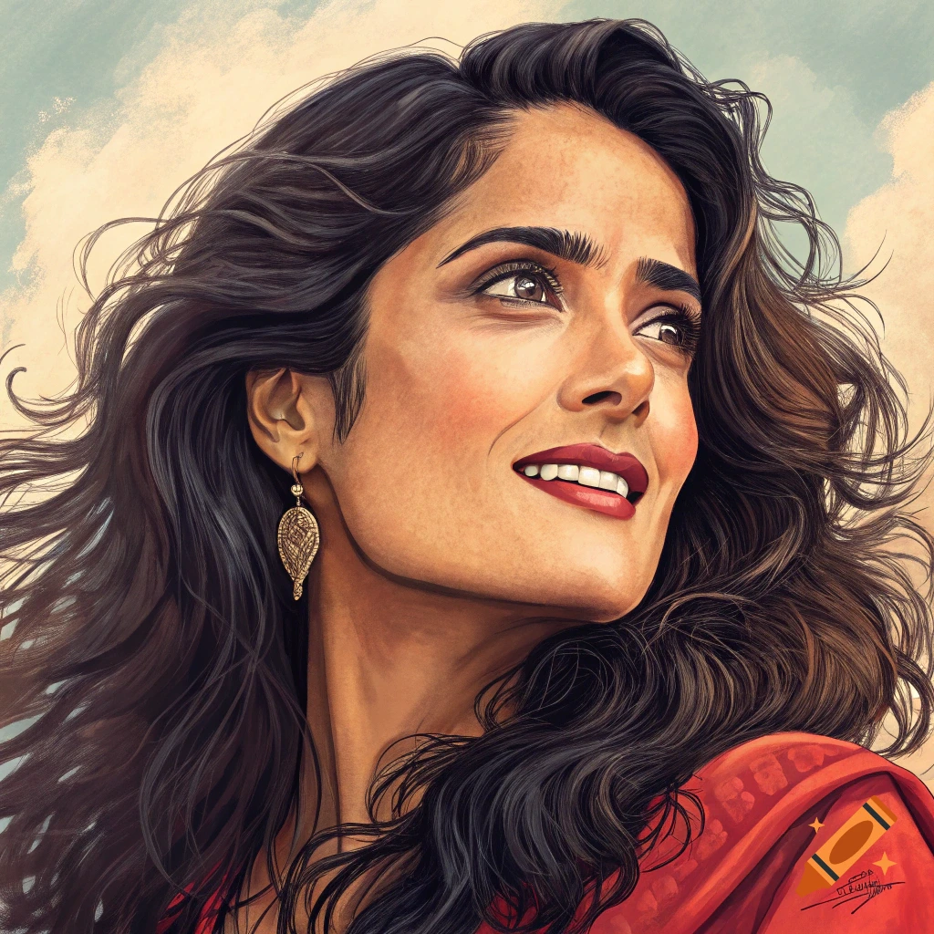 A vibrant, stylized portrait of a smiling woman with dark, flowing hair looking upwards, against a soft sky background.