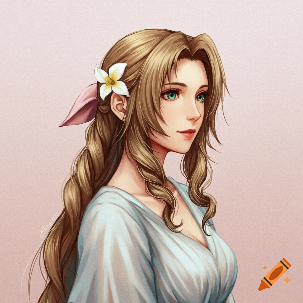 Digital painting of Aerith Gainsborough, a woman with long wavy brown hair, green eyes, a white flower, and a pink ribbon, wearing a light blue dress.