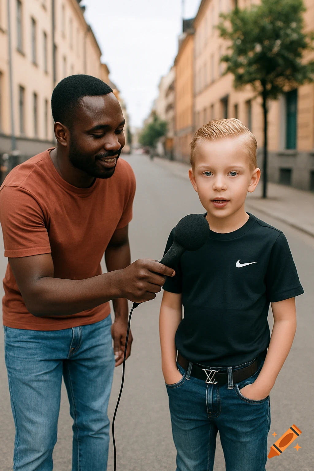 A photorealistic image of an African man holding a microphone to a young blonde boy on a city street.