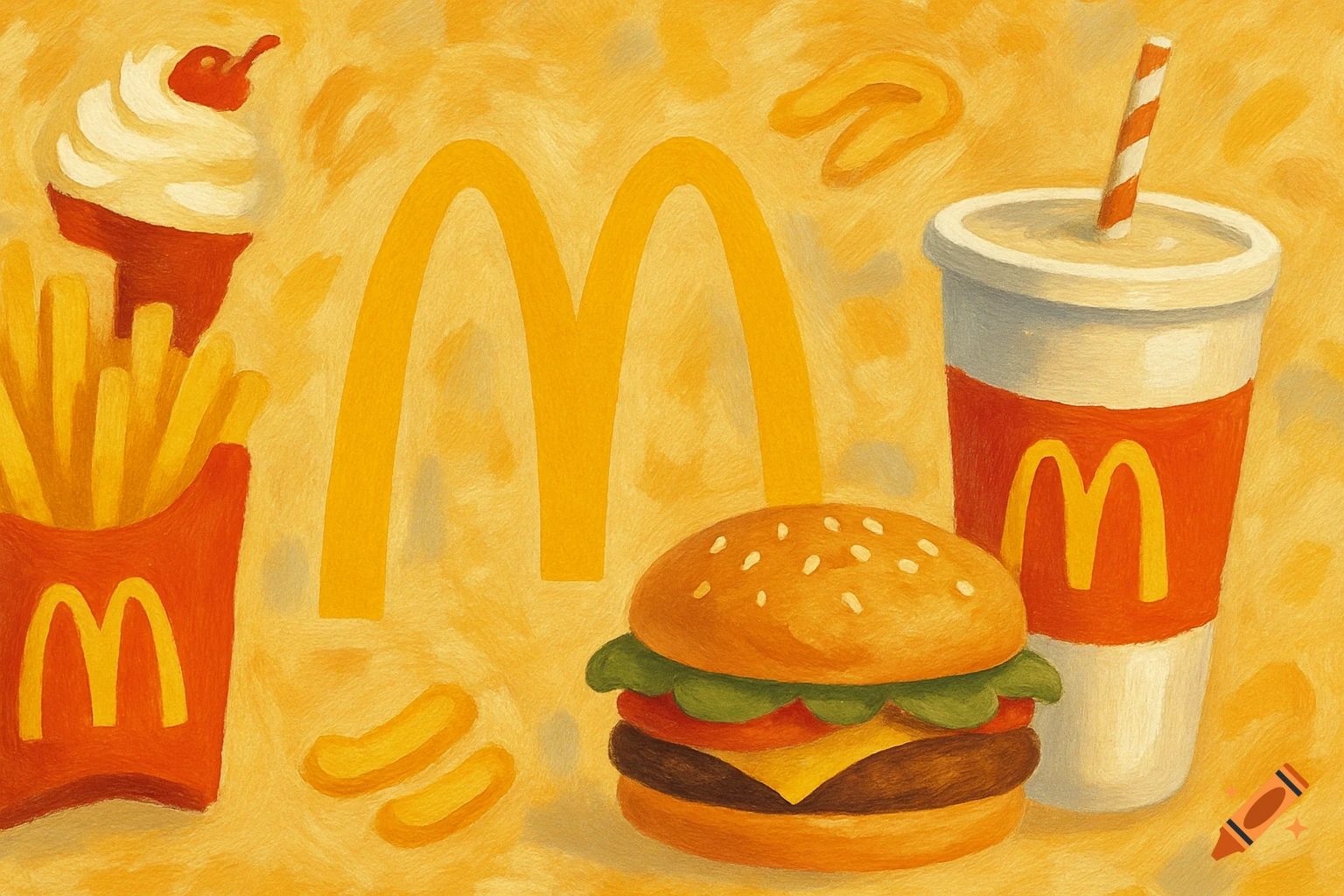 A painterly illustration of McDonald's fast food items including fries, a burger, a drink, and soft-serve ice cream, with yellow 'M' logos.
