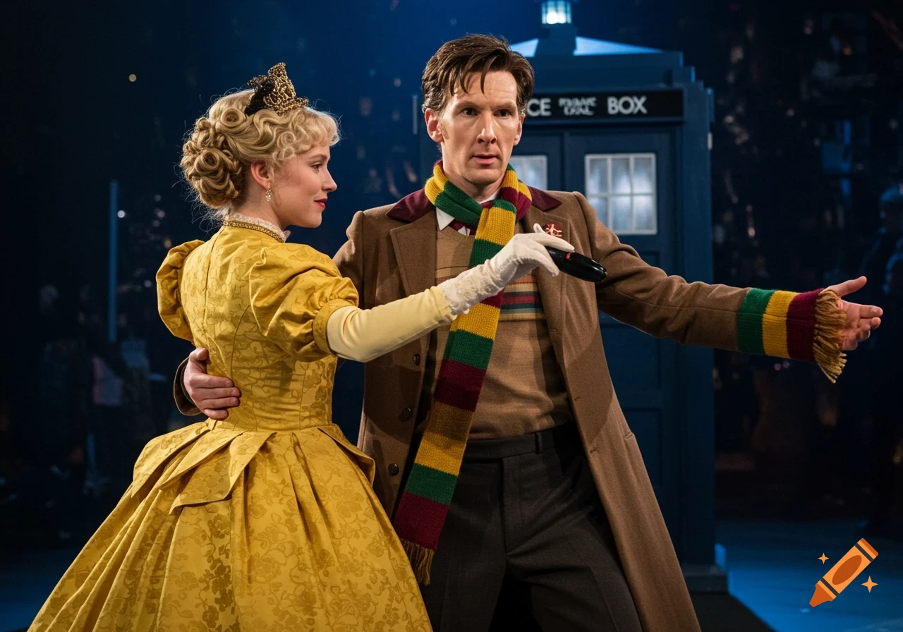 A man in a brown coat and striped scarf with a blonde woman in a yellow Victorian dress, dancing in front of a blue police box.