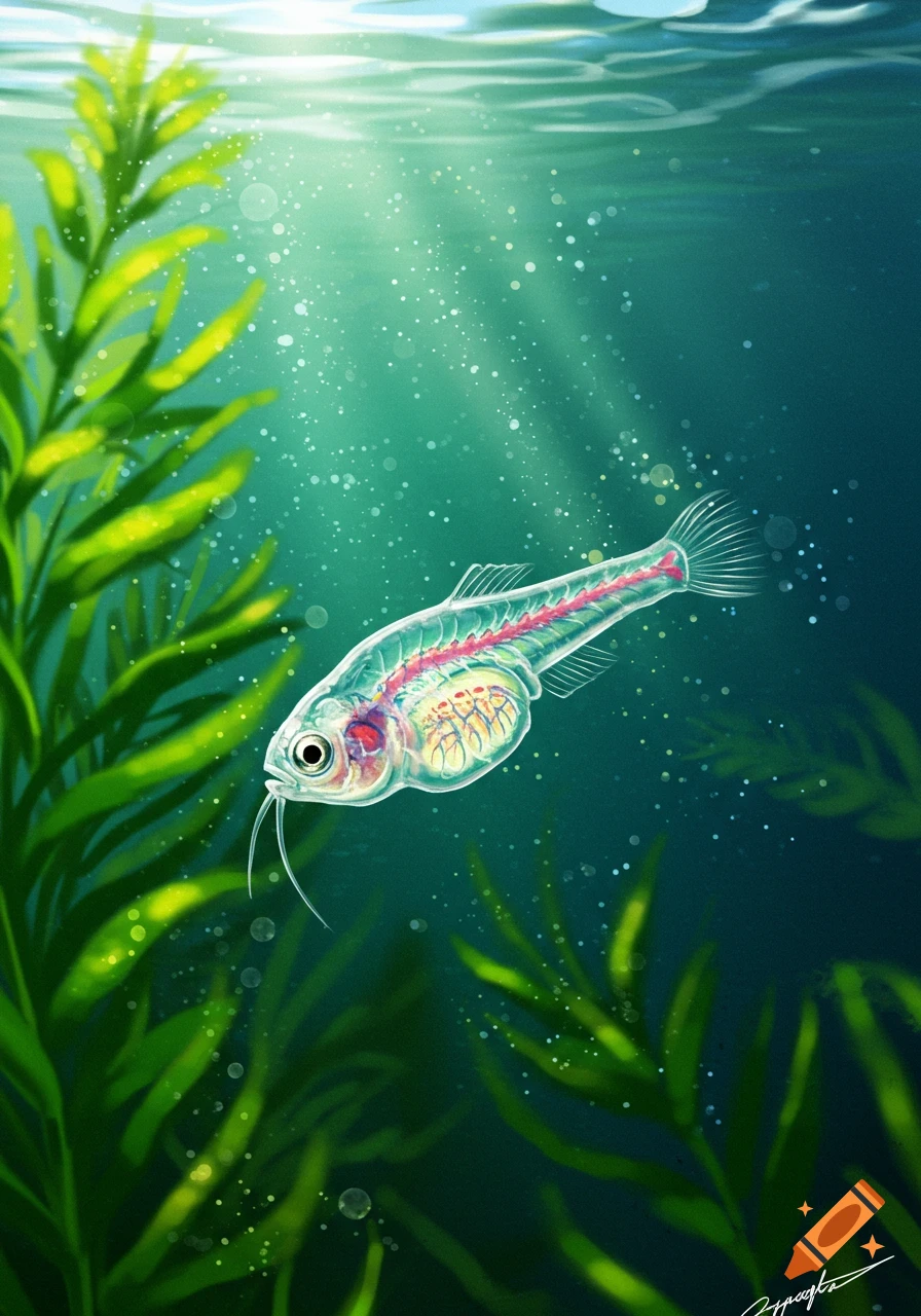 A transparent fish with visible internal organs swims in clear blue water amidst green aquatic plants, with light rays filtering from above.