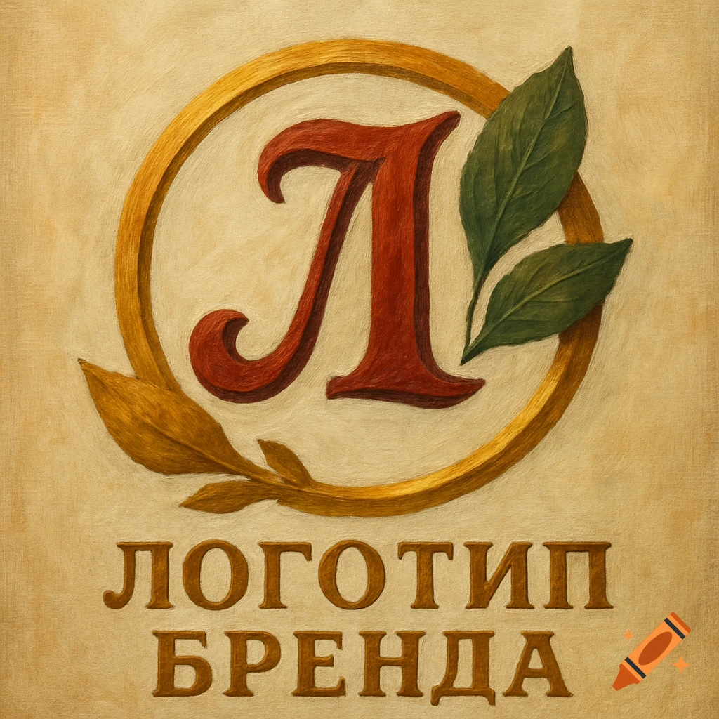 Vintage-style brand logo on a textured background, featuring a red Cyrillic letter 'L' (Л) in a gold ring with leaves, above Russian text 'ЛОГОТИП БРЕНДА'.
