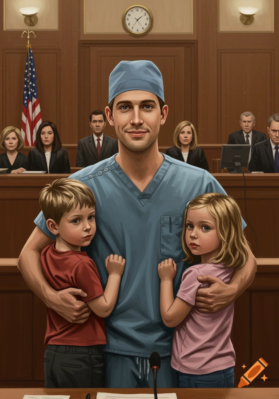 A man in blue scrubs and a cap holds a young boy and girl in a courtroom, with seated figures behind them.