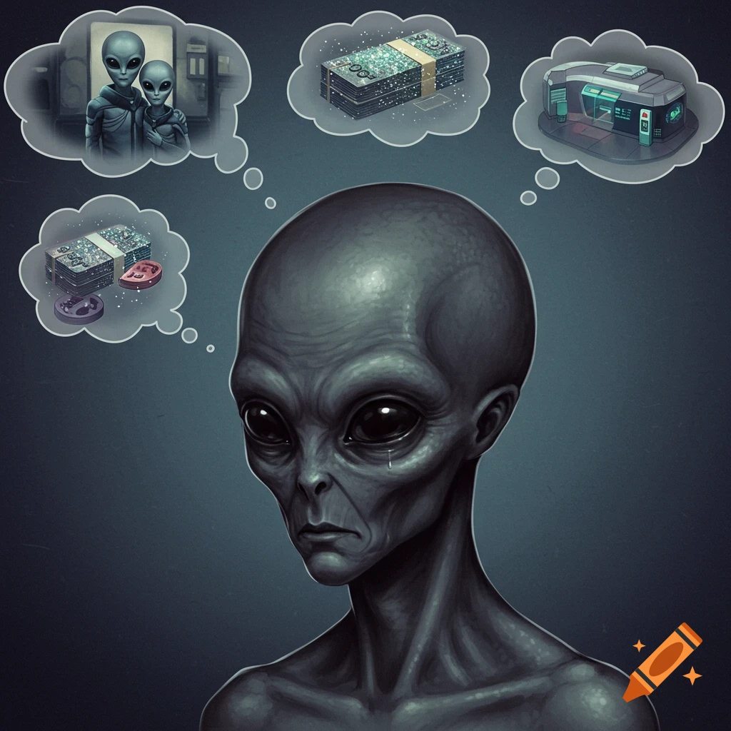 A sad grey alien with a tear, thinking about its family, money, and a futuristic house.