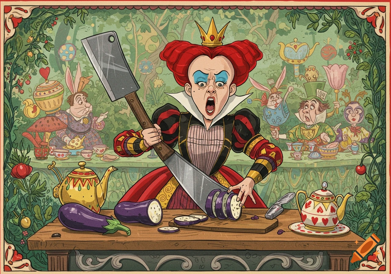 Red Queen angrily chops an eggplant with a cleaver at a whimsical Alice in Wonderland tea party with other characters in the background.