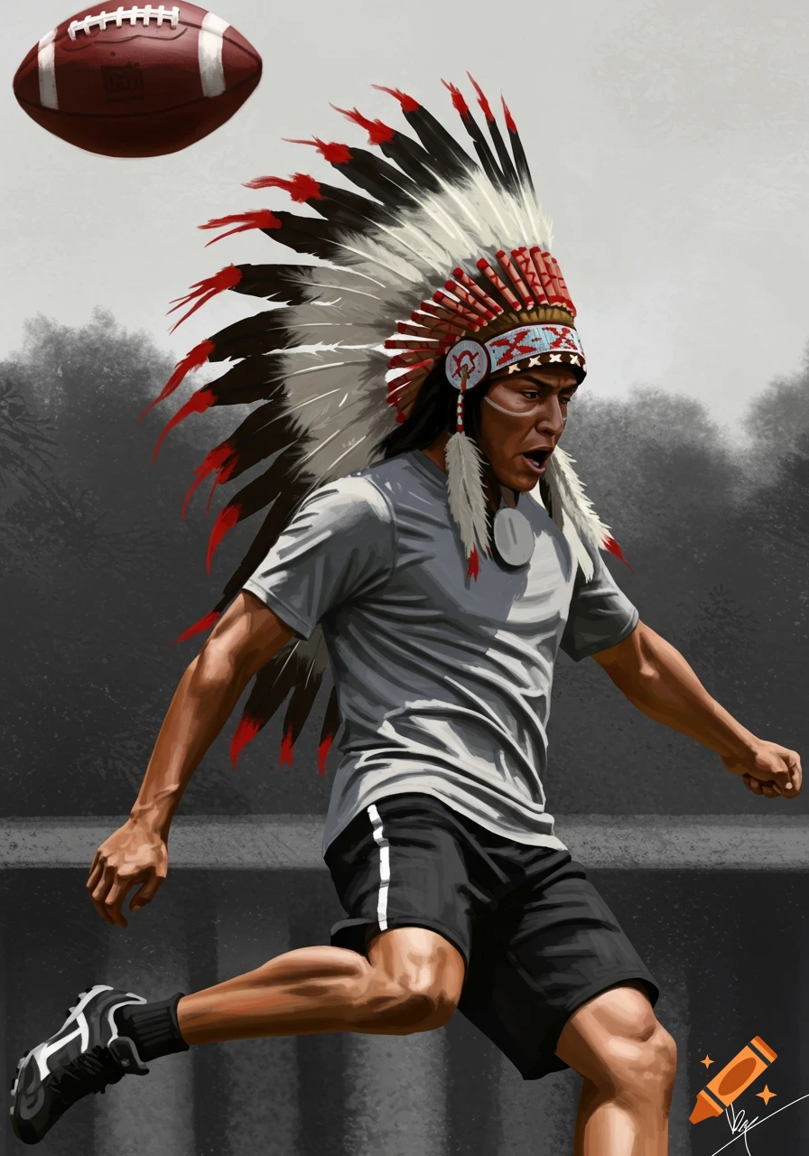 An illustration of a Native American man in a headdress kicking a football.
