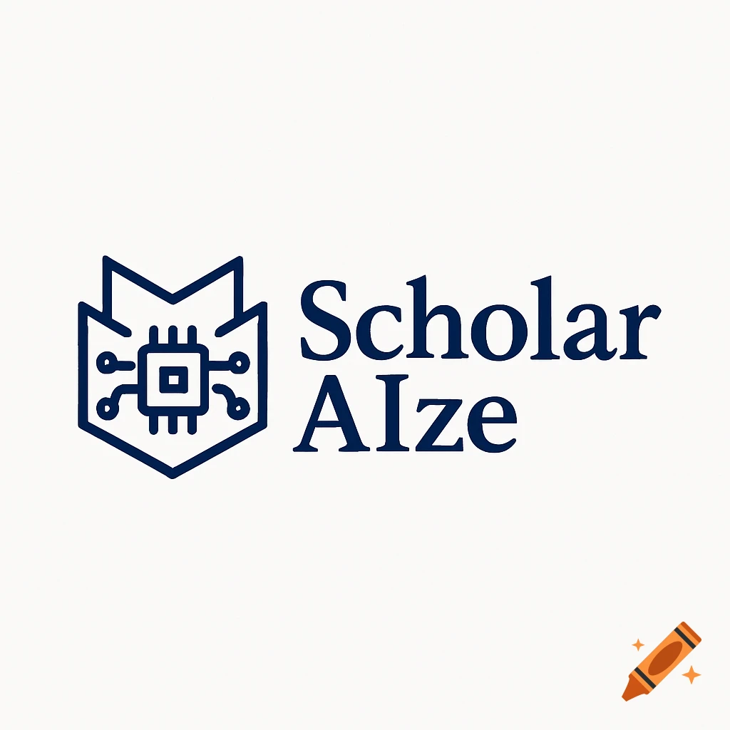A dark blue Scholar AIze logo featuring a stylized book or shield icon with a circuit board design next to the company name.