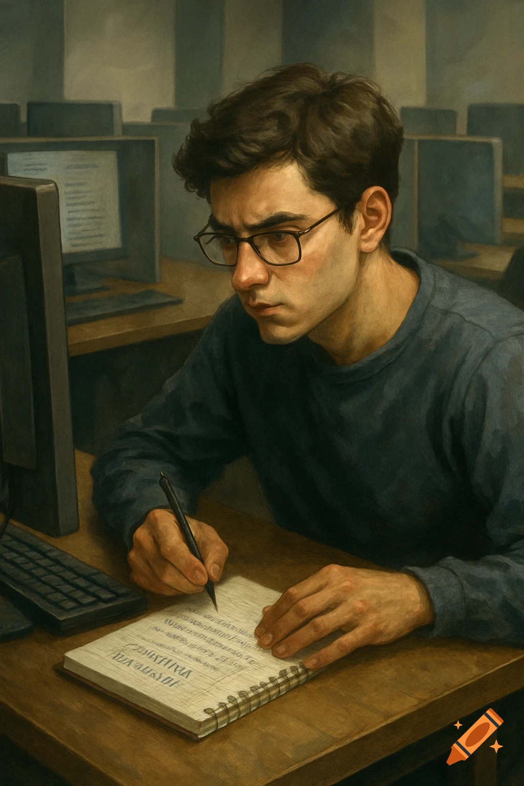 A focused student wearing glasses writes notes in a spiral-bound notebook at a computer desk in a testing environment.