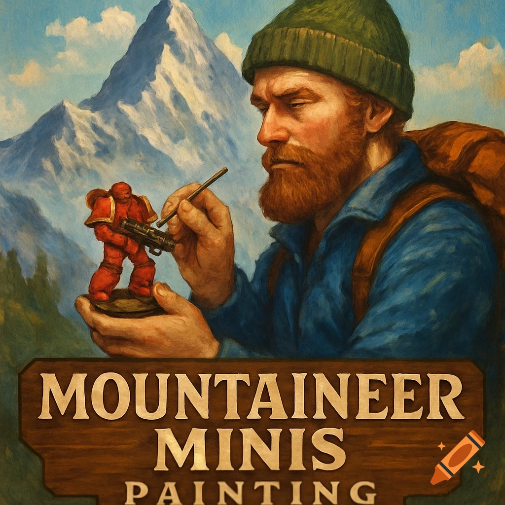 A bearded man in a beanie paints a red miniature figure in a mountainous landscape. A wooden sign reads 'MOUNTAINEER MINIS PAINTING'.