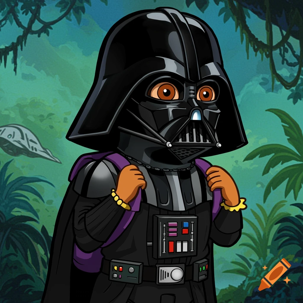 Cartoon of Dora the Explorer dressed as Darth Vader in a jungle setting.