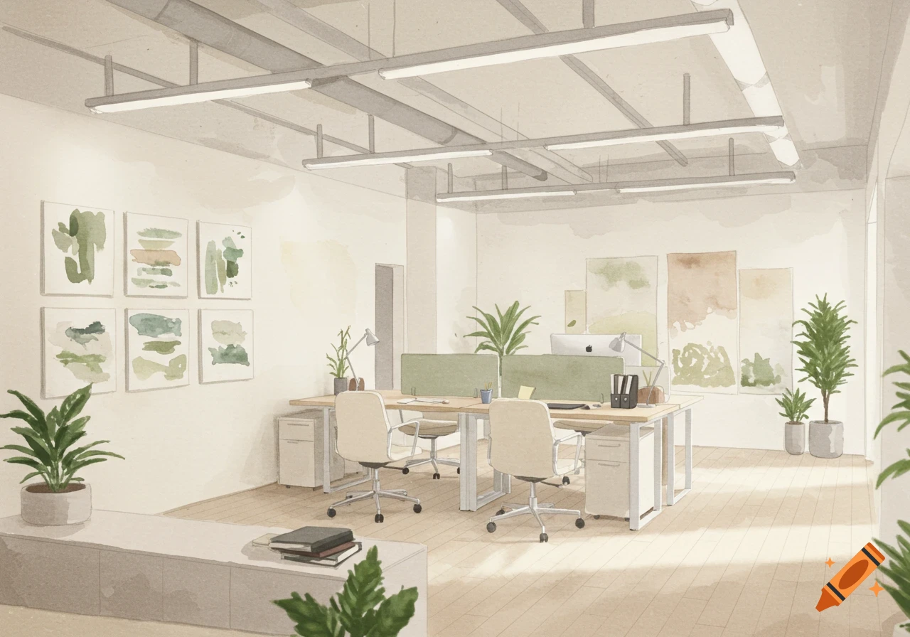 Watercolor illustration of a modern office space with multiple desks, office chairs, potted plants, and abstract wall art.