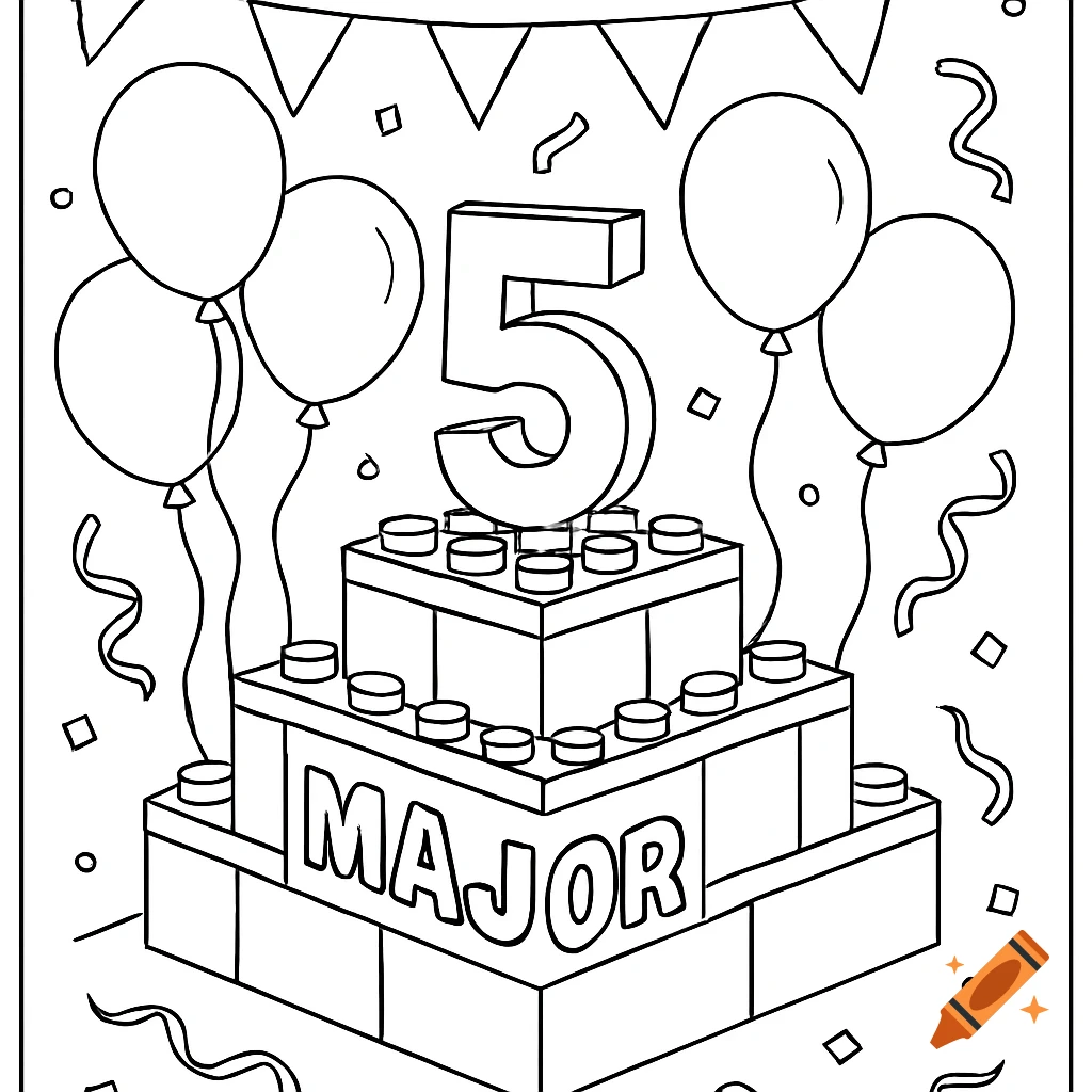 A black and white coloring page featuring a tiered Lego-style birthday cake with the number 5 on top, the word MAJOR on the front, balloons, and confetti.
