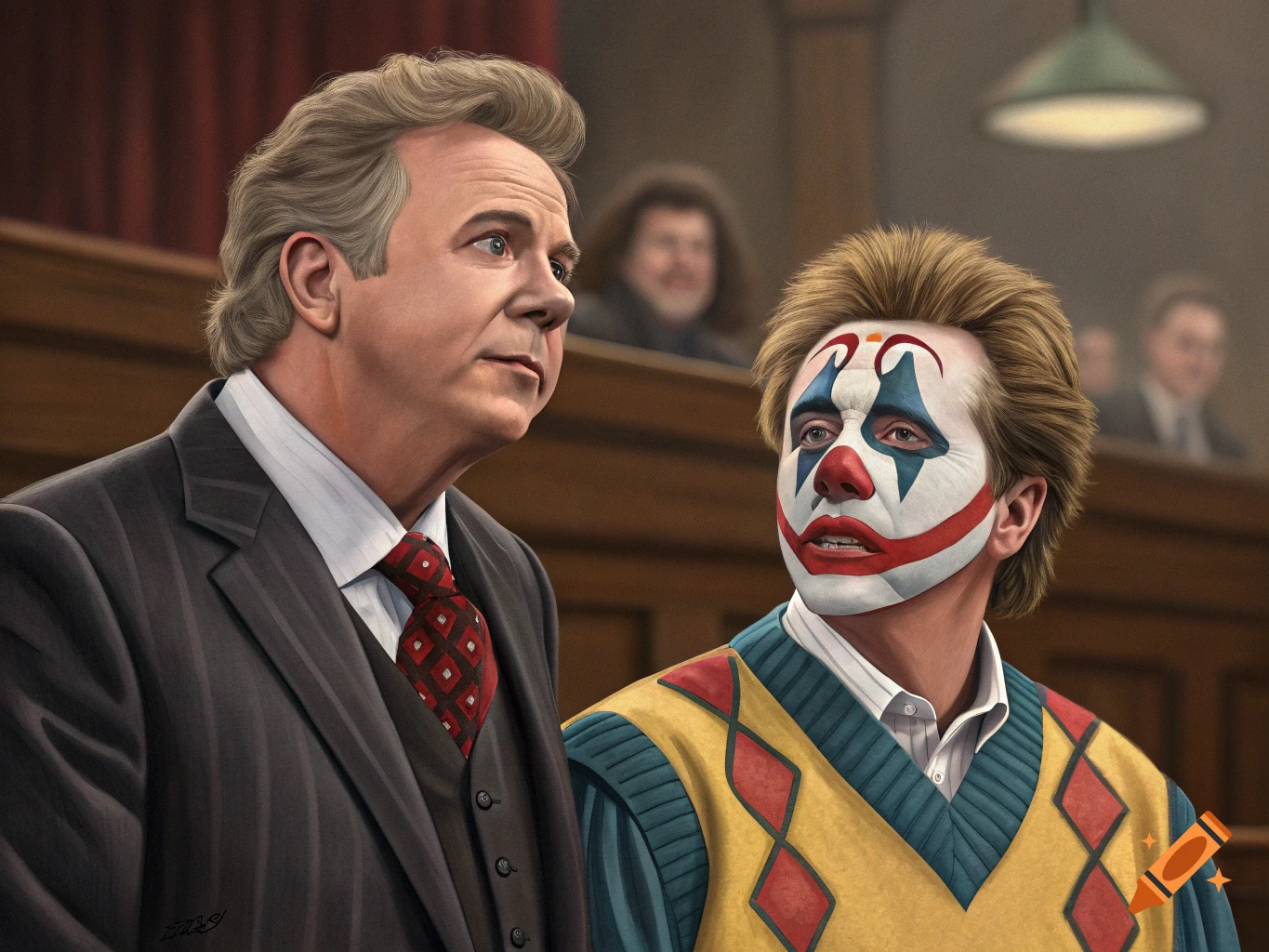 Photorealistic portrait of John Larroquette in a suit and Harry Anderson in clown makeup and a sweater vest in a courtroom.