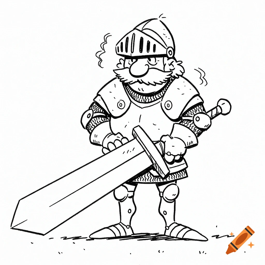A black and white cartoon line drawing depicts a medieval knight in full armor holding a large sword.