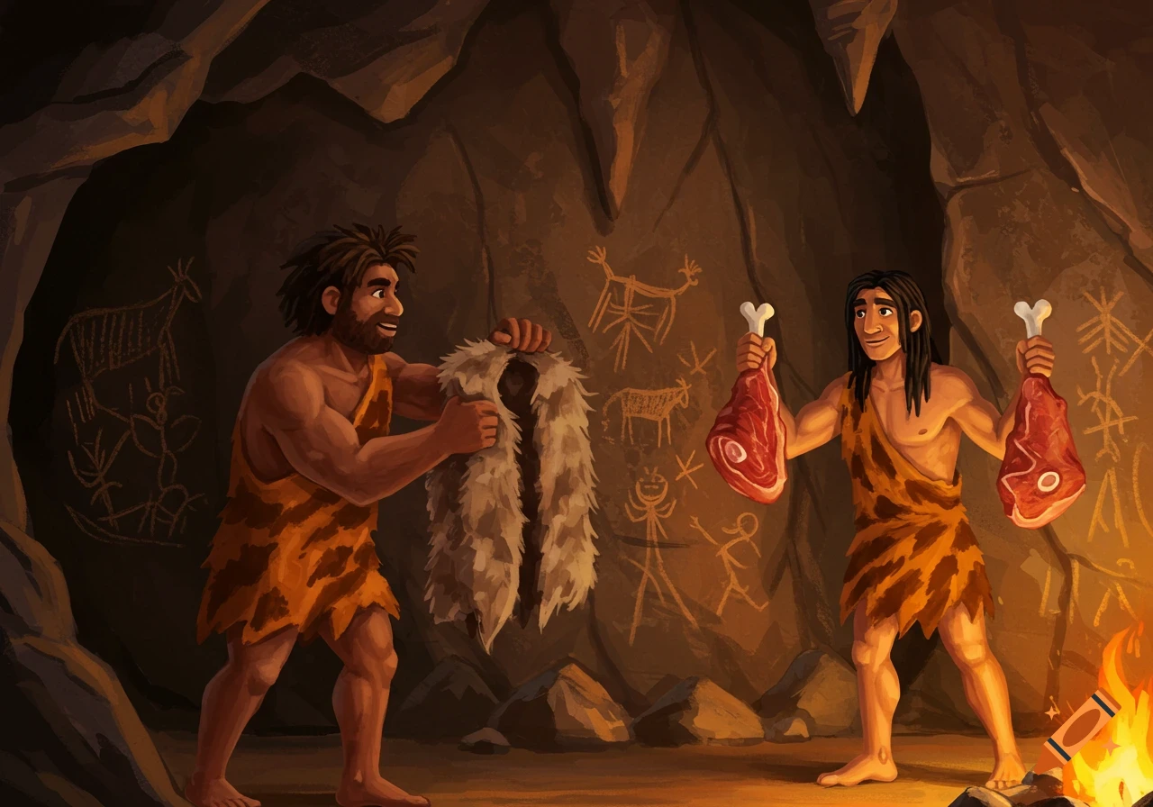 A cartoon illustration of two cavemen in a cave with wall paintings. One offers a fur coat, the other offers meat by a fire.
