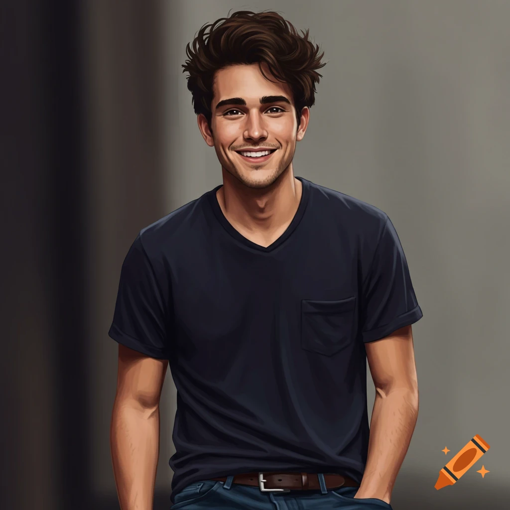 A smiling young man with dark messy hair in a navy blue v-neck t-shirt and jeans, depicted in a digital art style.