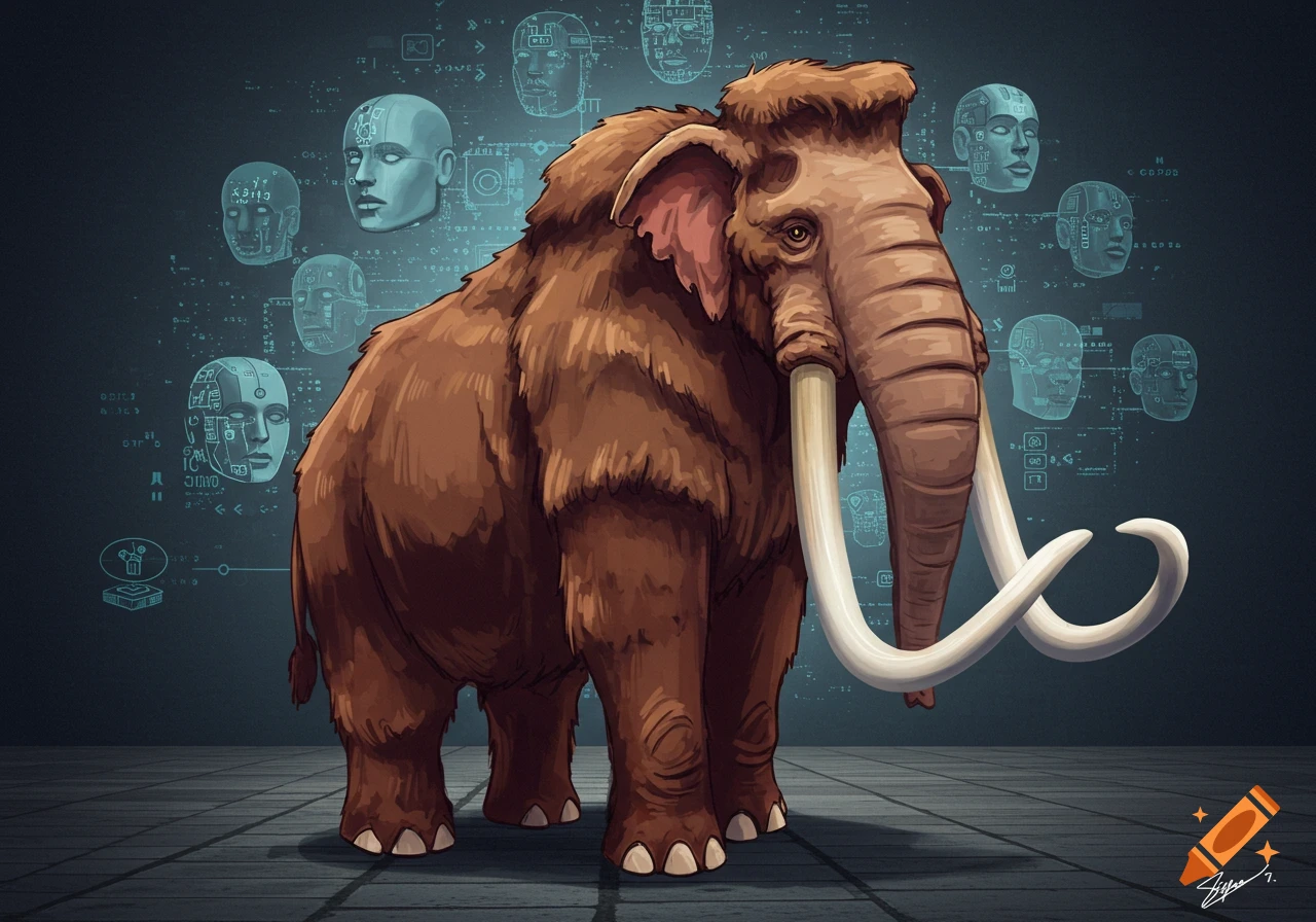 A stylized brown mammoth stands in a dark room with a blue background covered in glowing digital interfaces and ghostly human-like holographic heads, evoking a sci-fi theme.