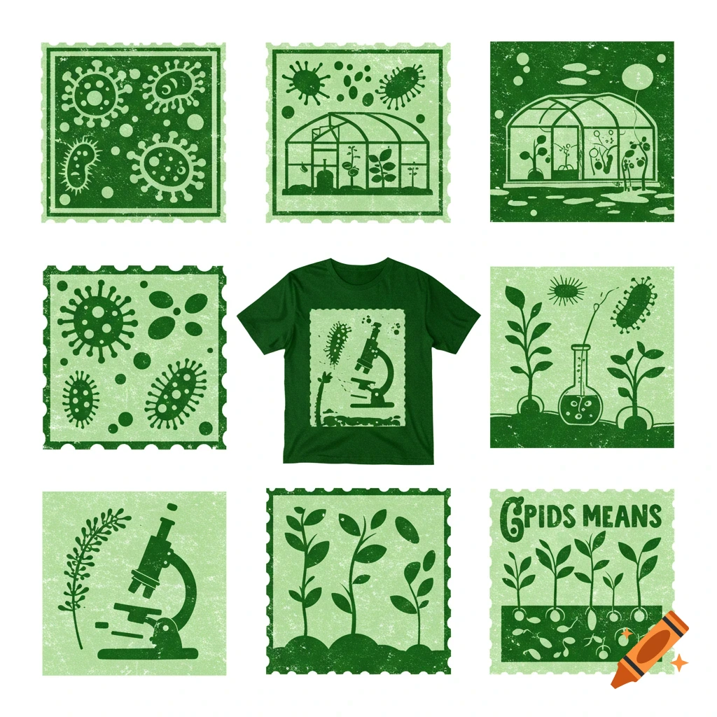 A collection of nine green stylized stamps featuring themes like viruses, bacteria, greenhouses, plants, microscopes, and seeds.