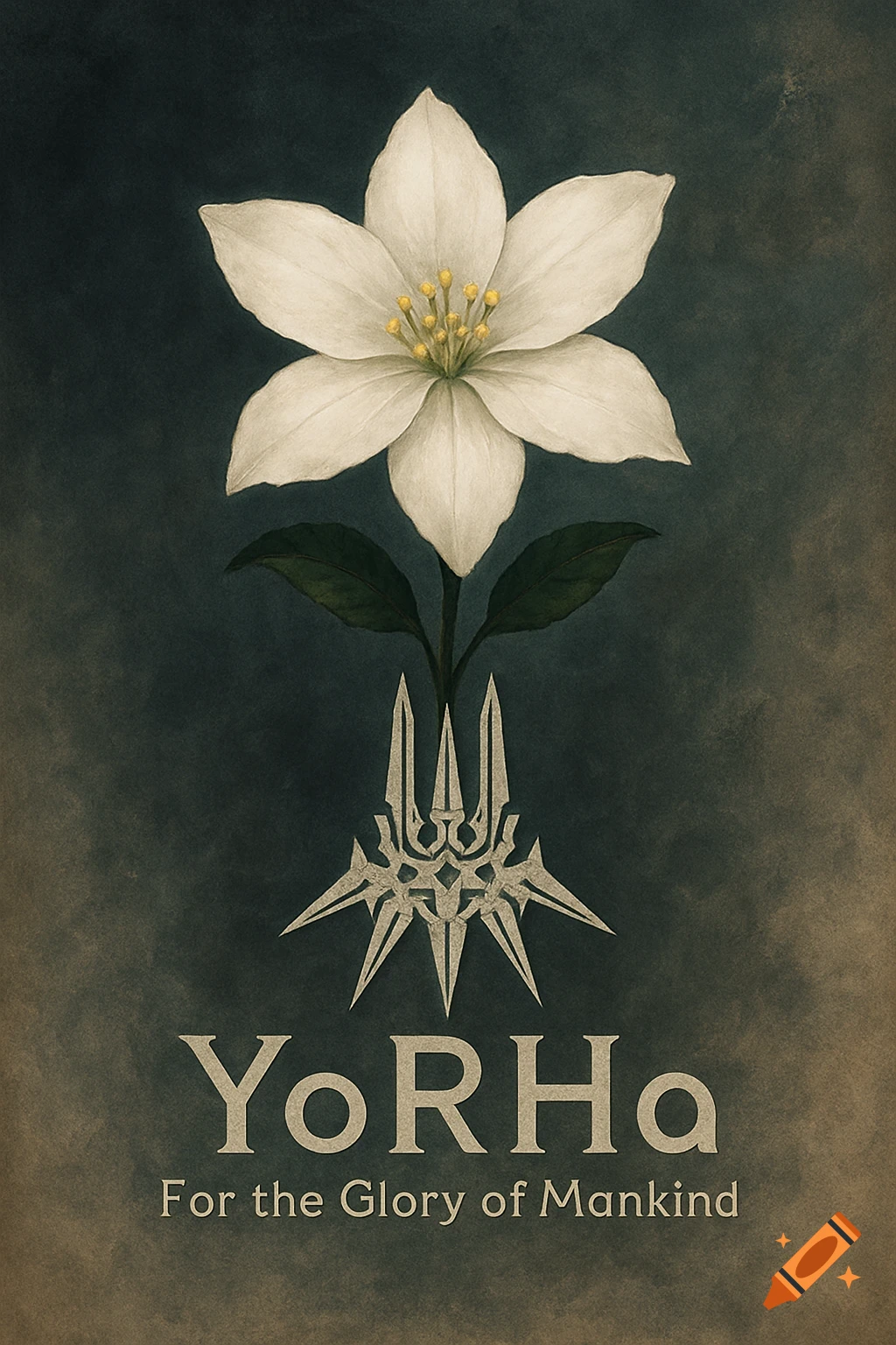 An illustration of a white lunar tear flower with green leaves, atop a grey YoRHa emblem. Below it, text reads "YoRHa" and "For the Glory of Mankind" on a dark, textured background.