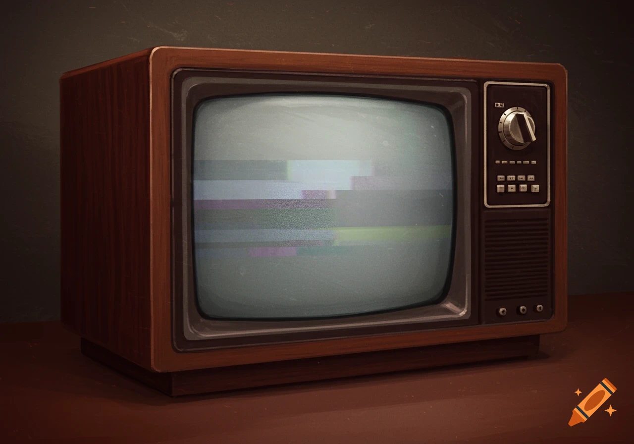 A vintage television with a wooden casing and static on the screen, set against a dark background.