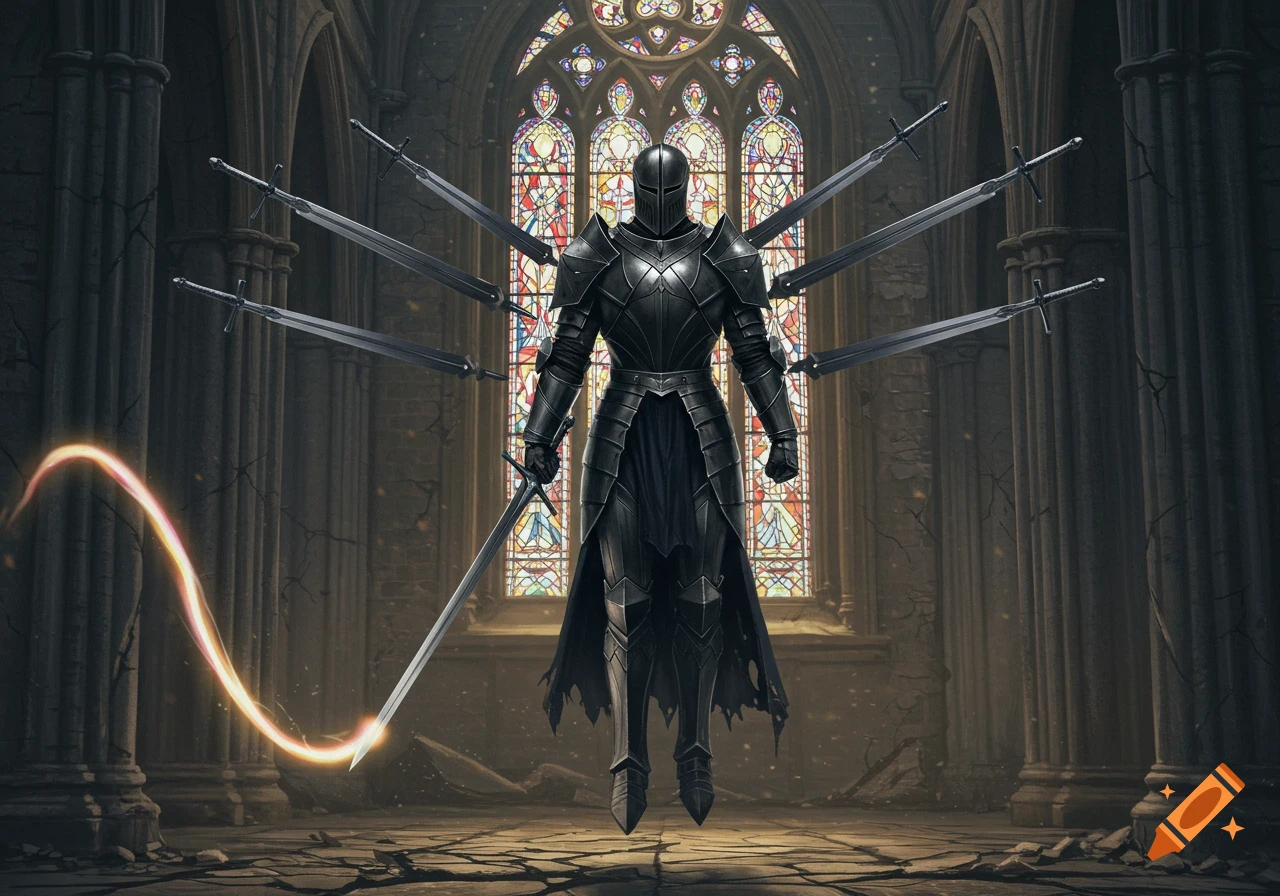 A black armored knight floats in a ruined gothic cathedral, holding a glowing sword, with six swords floating behind him. A stained glass window is in the background.