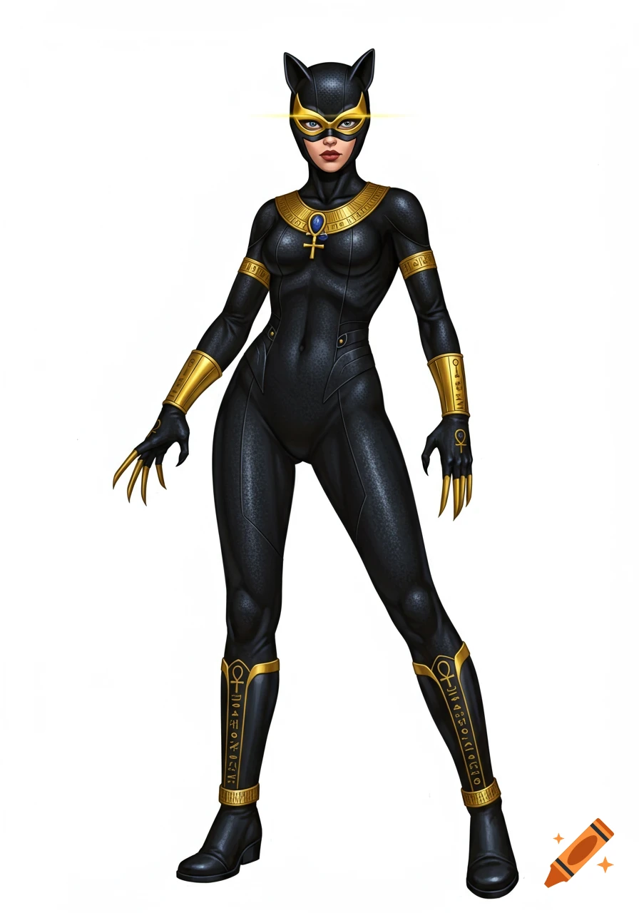 A female vigilante in a sleek black catsuit with gold accents, wearing a cat-eared mask with glowing eyes and an ankh necklace.