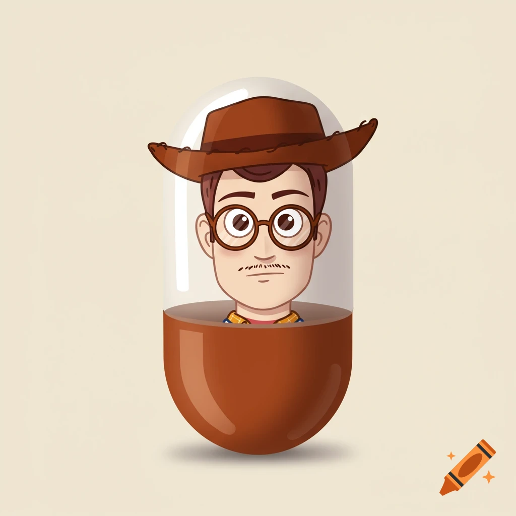 A cartoon illustration of Woody from Toy Story's head inside a capsule pill, depicted in a modern flat illustration style on a light background.