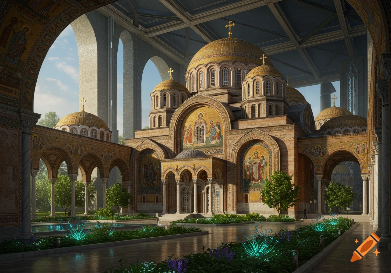 A hyperrealistic Eastern Orthodox church with golden domes and mosaic art in a Greco-Futuristic setting, surrounded by gardens with glowing blue plants.
