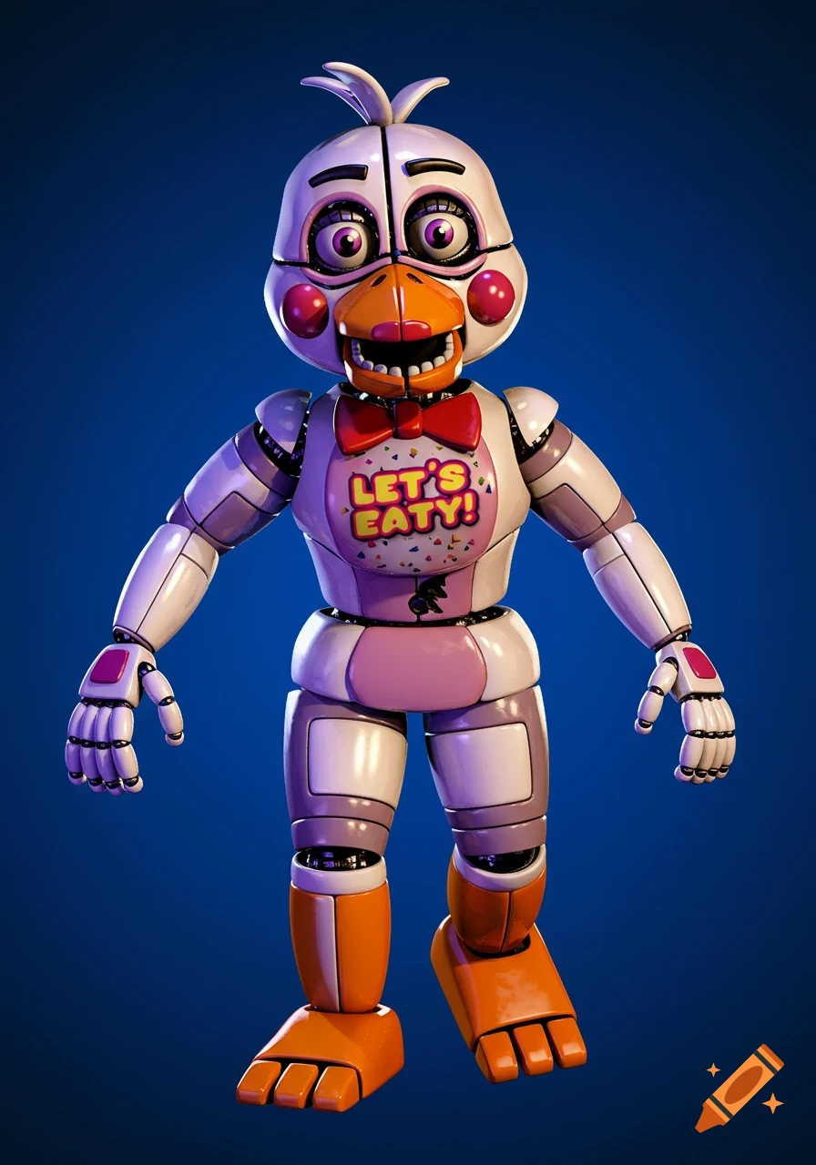A white and purple animatronic chicken with orange feet and beak, a red bow tie, and 'LET'S EAT!' on its chest, stands against a blue background.