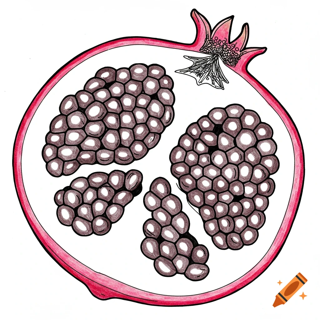 A simple line drawing of a cross-section of a pomegranate, showing its red skin and dark clusters of arils inside.