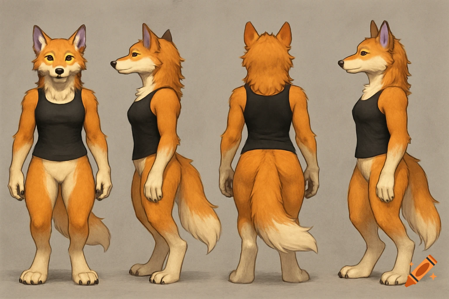 Anthropomorphic fox character reference sheet with front, back, and side views, wearing a black tank top.