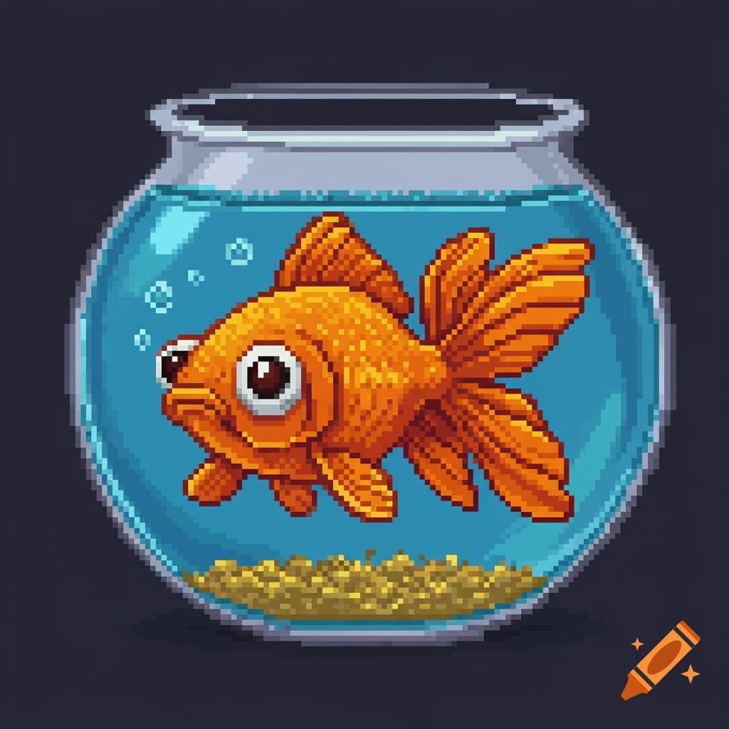 A pixel art goldfish with large eyes swims in a round glass fishbowl with gravel at the bottom.