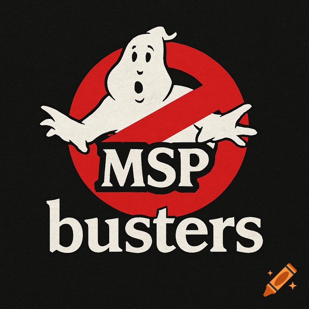 A Ghostbusters-style logo with a cartoon ghost in a red circle with a diagonal line, and the text 'MSP busters' below.