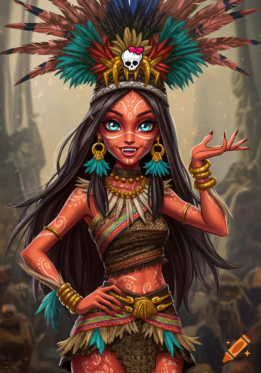 A stylized character inspired by Monster High and Peruvian folklore, wearing a large feathered headdress, tribal body paint, and traditional clothing.