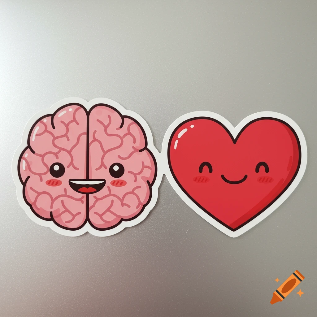 Two cartoon stickers, a pink smiling brain and a red smiling heart, placed on a metallic grey surface.