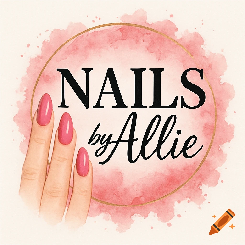 Logo for Nails by Allie, featuring a hand with pink manicured nails inside a pink watercolor circle with a gold border.