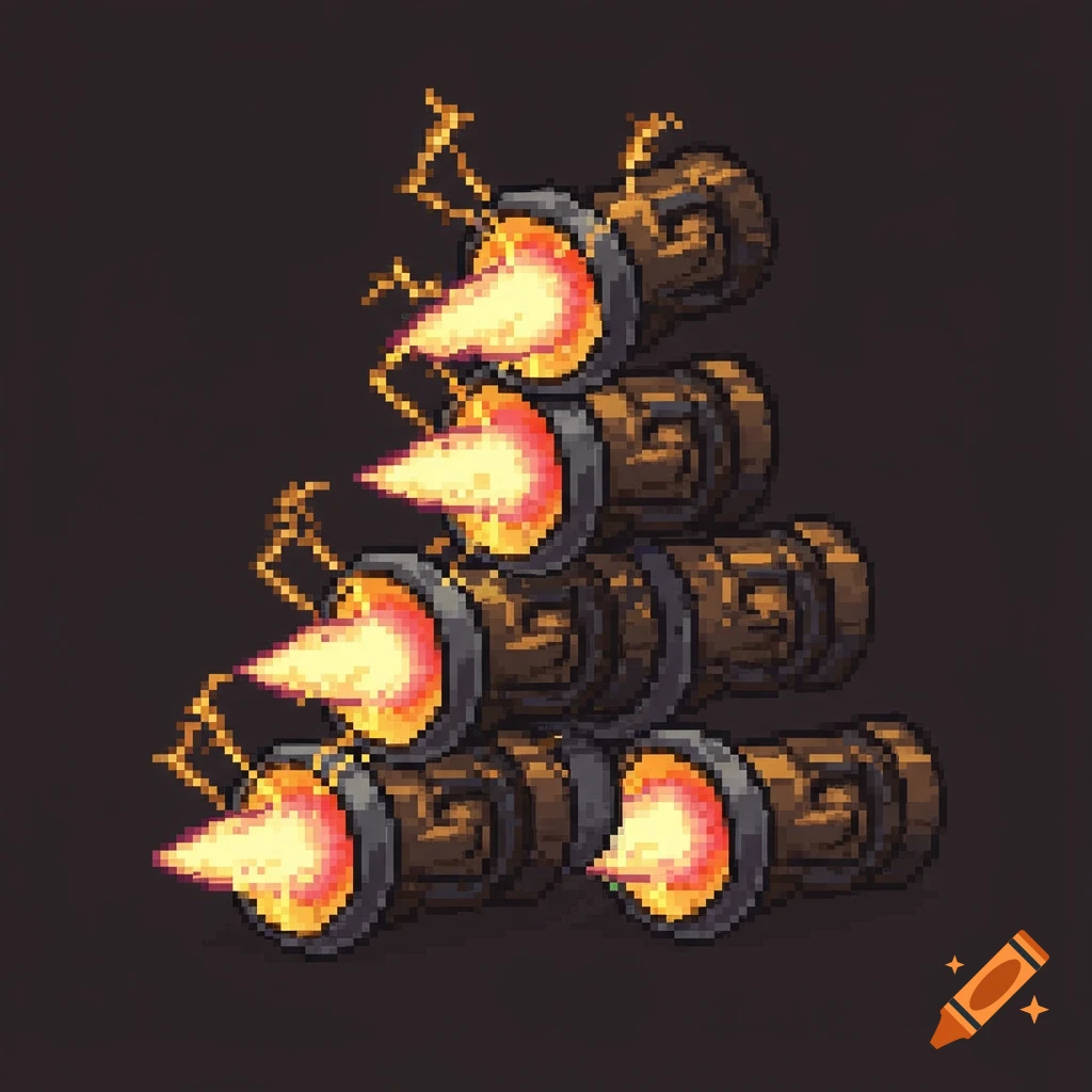 Pixel art of five stacked brown cylindrical power bolts with glowing orange and yellow tips, resembling magical energy.