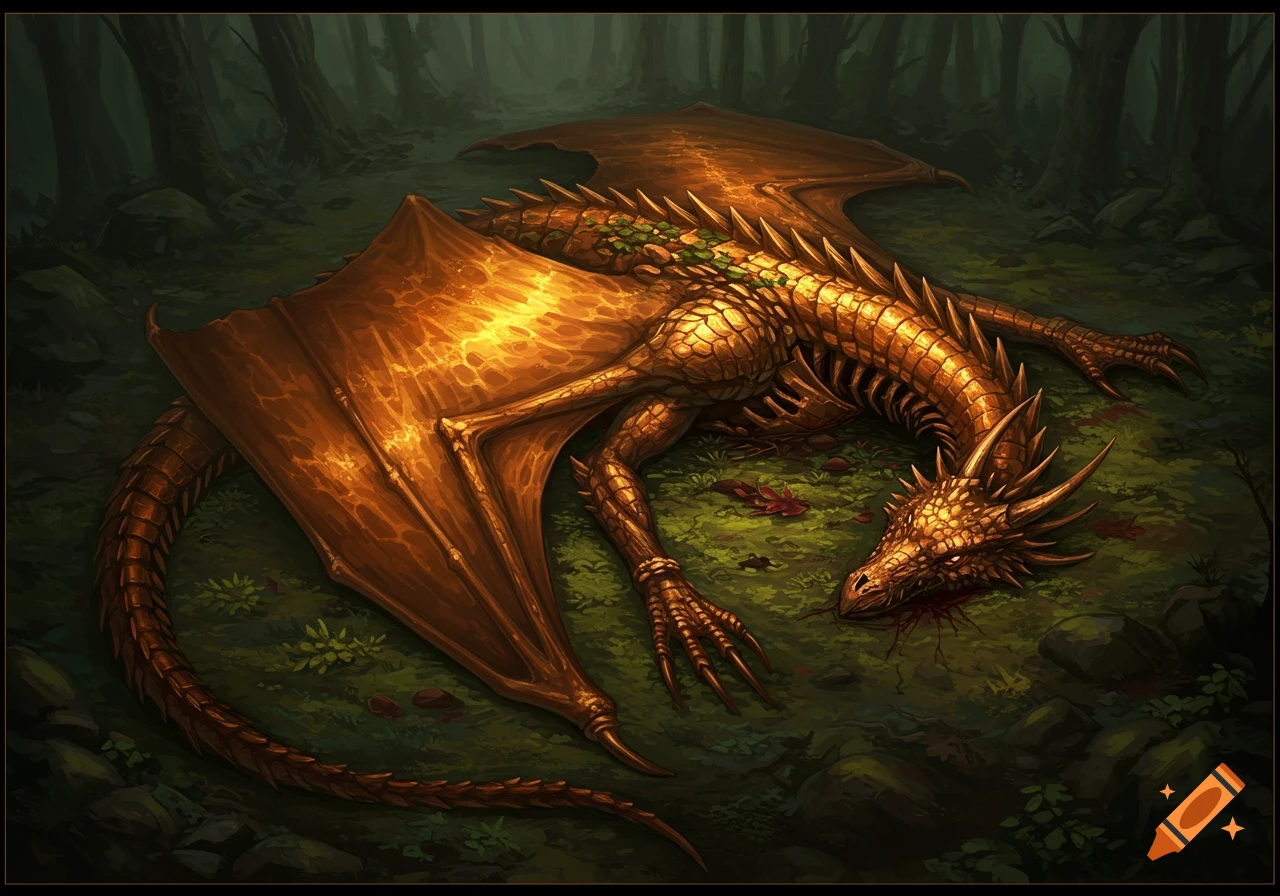 An overhead view of a detailed, golden-bronze dragon corpse with some blood, lying in a dark, mossy forest.