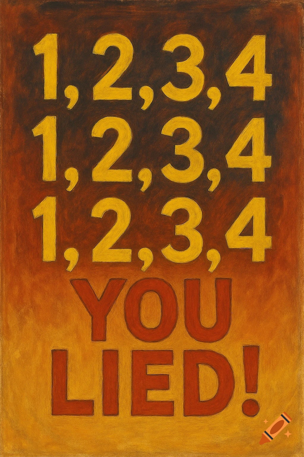 Textured image with yellow numbers '1,2,3,4,' repeated three times, followed by red text 'YOU LIED!', on an orange-brown gradient background.