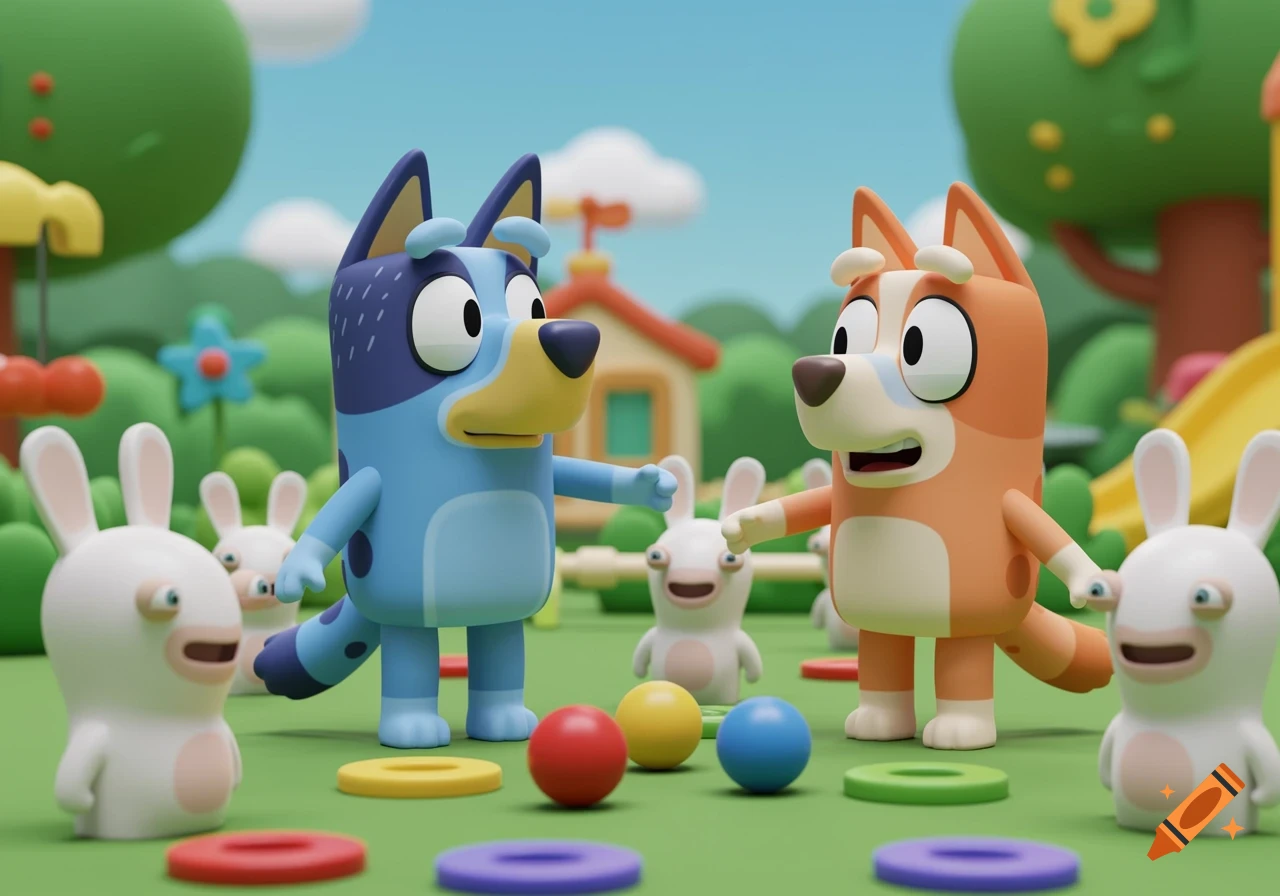 Bluey and Bingo characters stand in a sunny 3D animated playground, meeting a group of white Rabbids.
