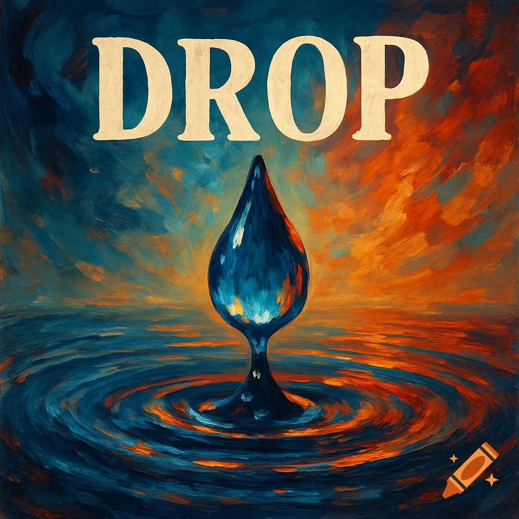 A painterly image with a large blue water droplet rising from rippling water, set against an orange and blue background, with the word 'DROP' at the top.