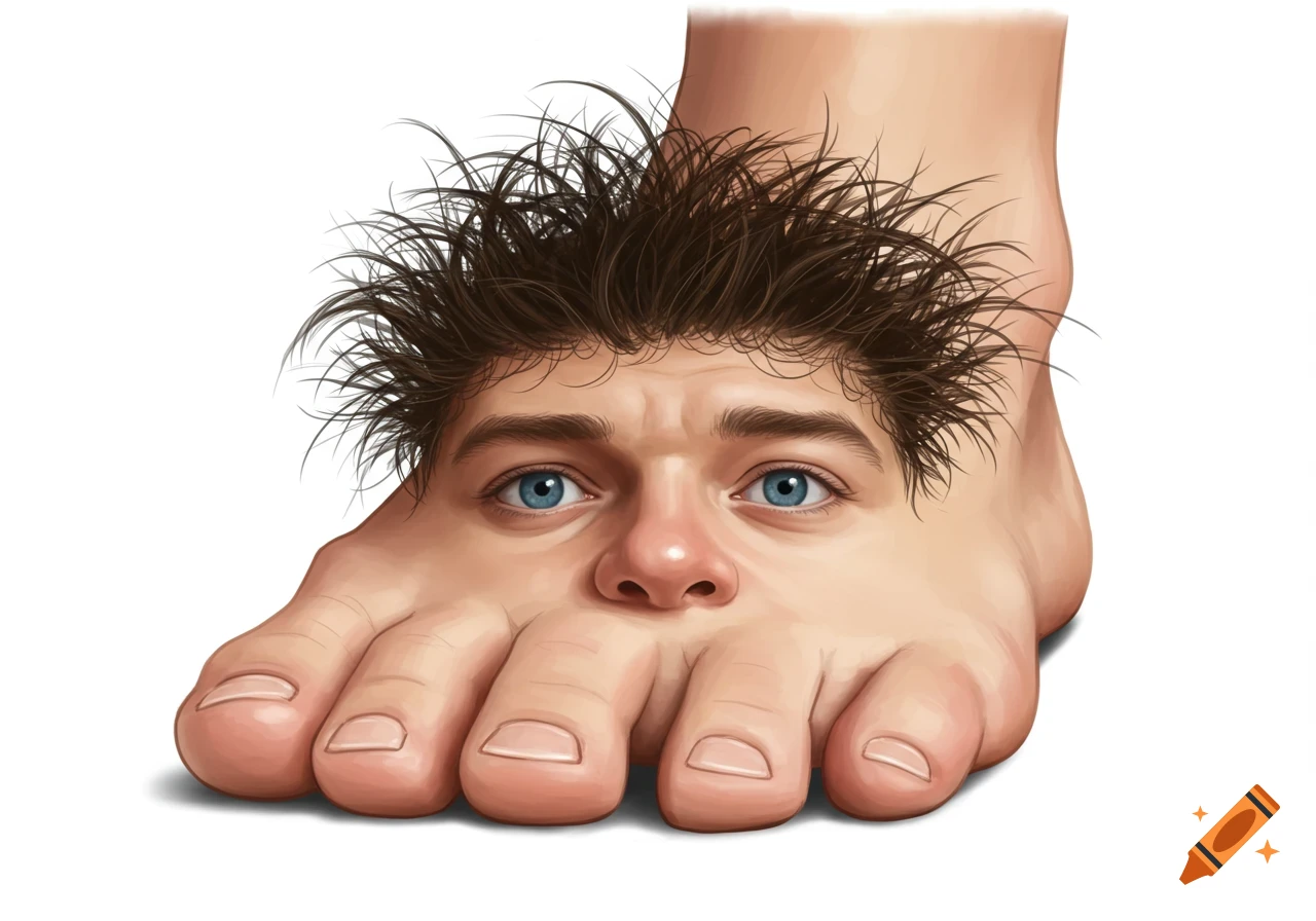 An illustration of a large human foot with a man's head and messy brown hair emerging from the big toe instead of a toenail.
