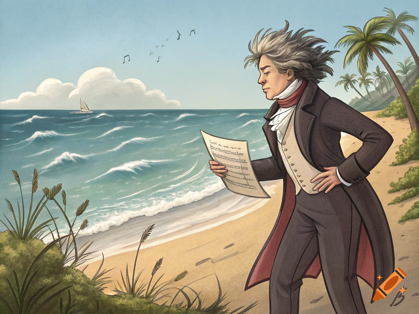 Illustration of a disheveled Beethoven in formal attire on a sunny beach, reading sheet music with musical notes floating above the ocean.