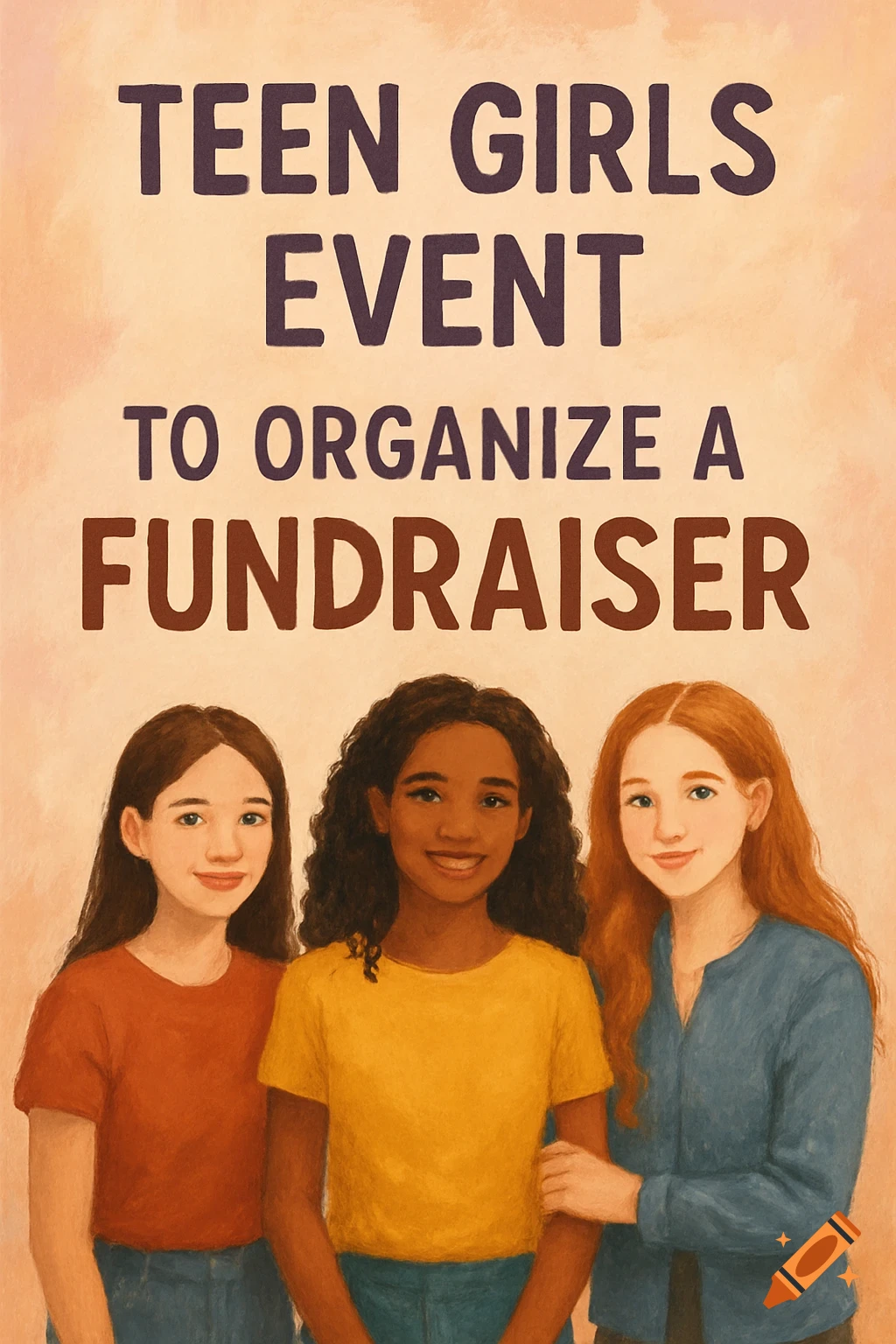 An illustration of a poster with three smiling diverse teen girls below the text "TEEN GIRLS EVENT TO ORGANIZE A FUNDRAISER".